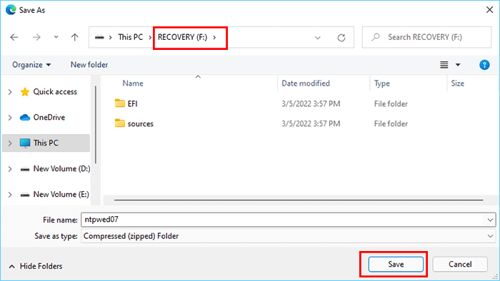 save ntpwed07 zip file in recovery drive