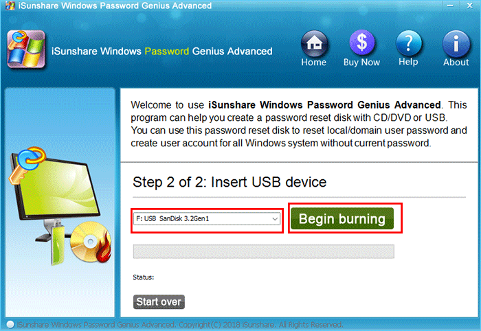 select USB device and click begin burning