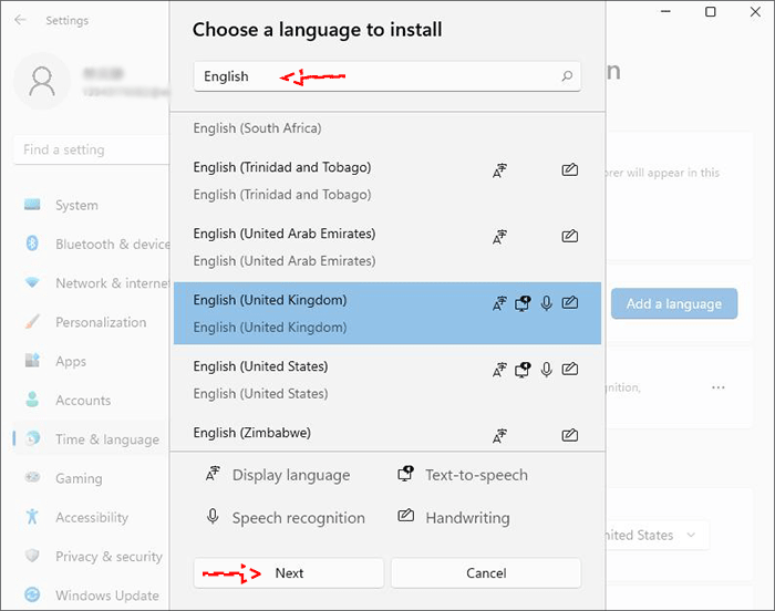 choose a language to install and click next