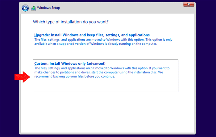 choose custom install Windows only