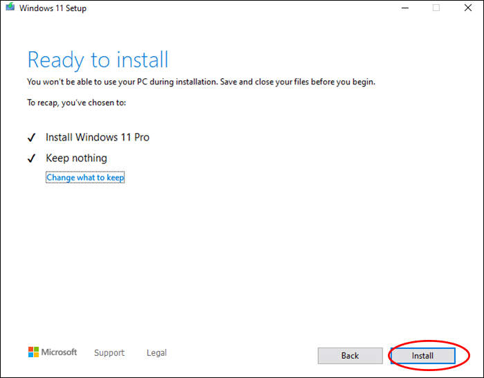 click Install in Windows 11 set up wizard