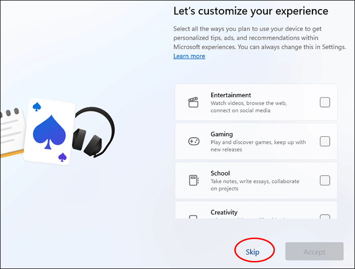 click skip in customizing your experience