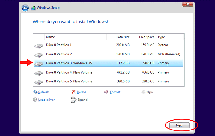 select where to install Windows 11
