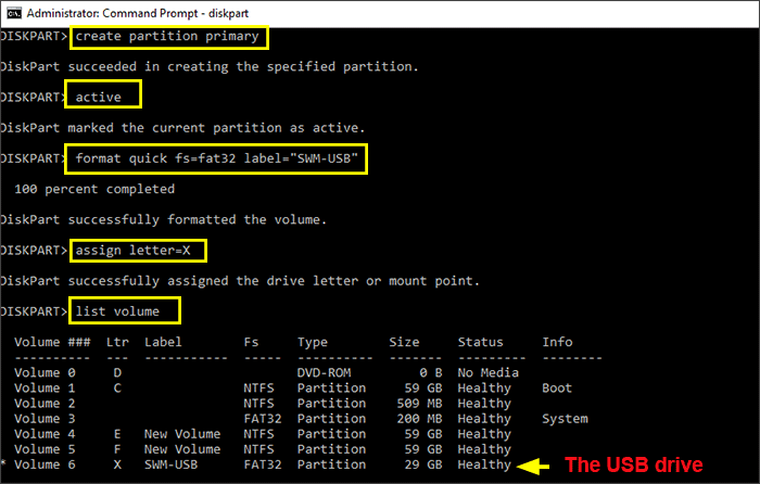 create primary partition for USB drive