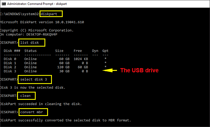 input commands to format USB