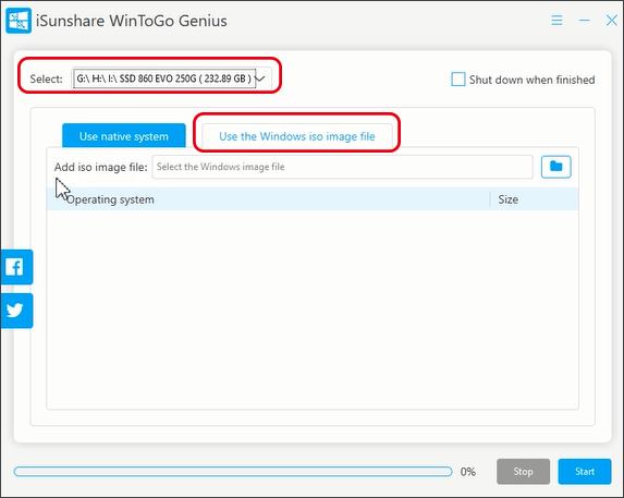 select USB and use the Windows ISO image file option