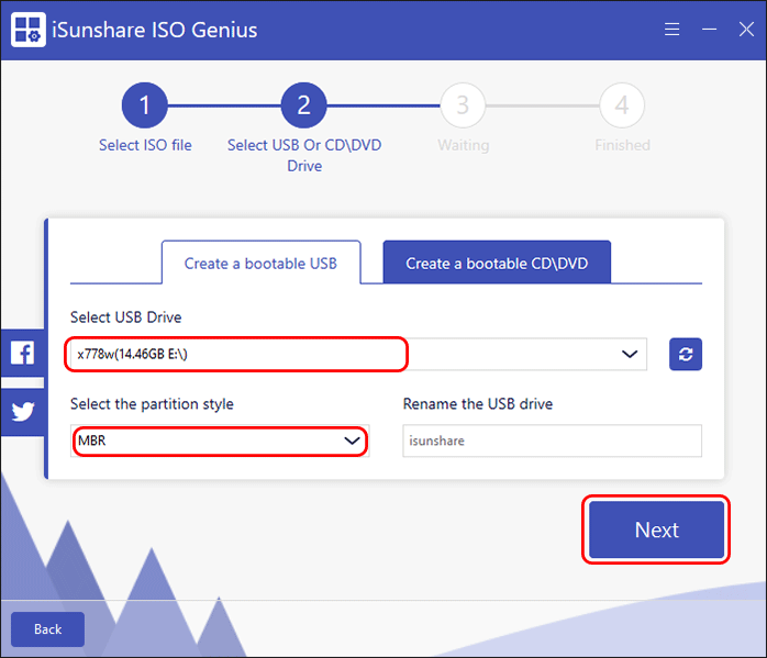 select USB drive and choose partition style