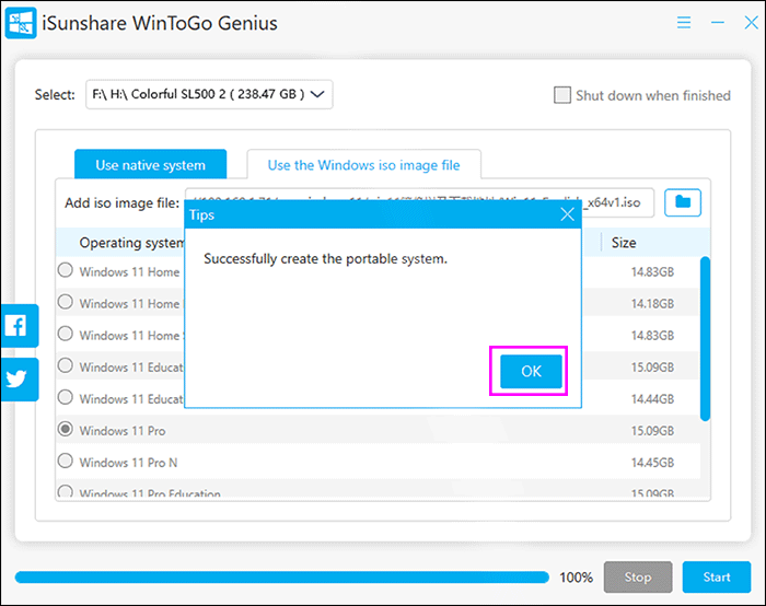 successfully create the portable Win 11 system