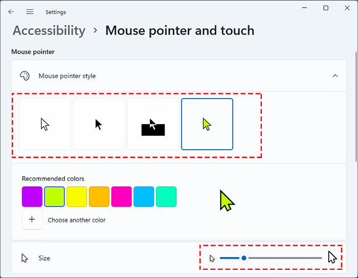 change mouse pointer style and size