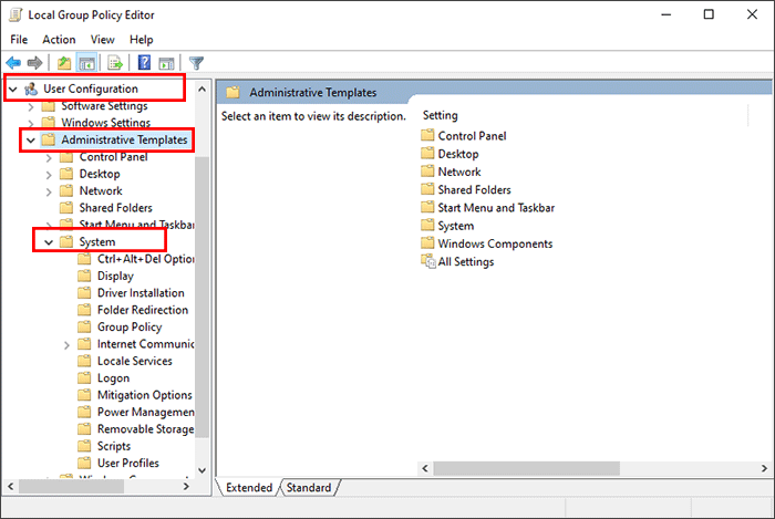 access system option in local group policy editor