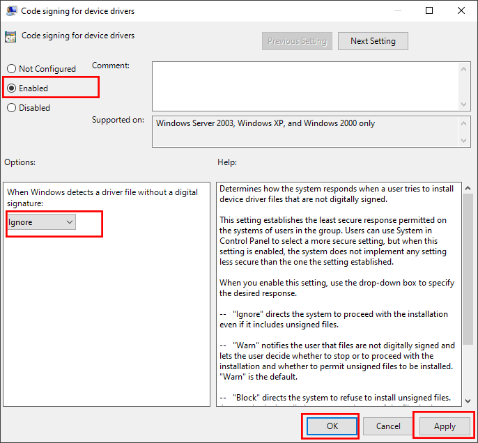 change code signing for device drivers settings