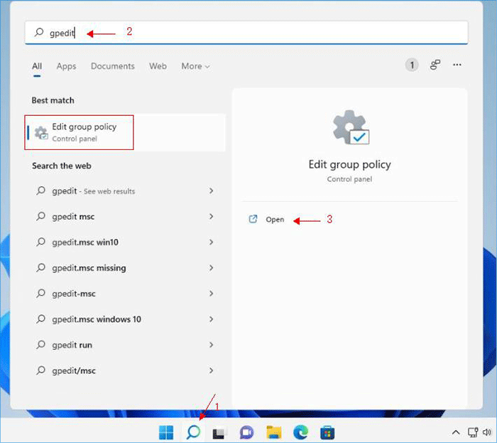 search gpedit to open Edit group policy