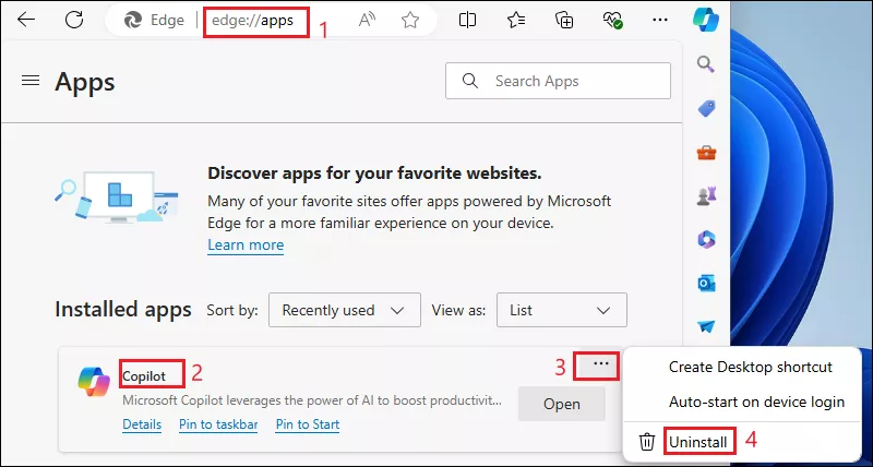Uninstall Copilot from Edge Apps