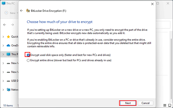choose Encrypt used disk space only and click Next