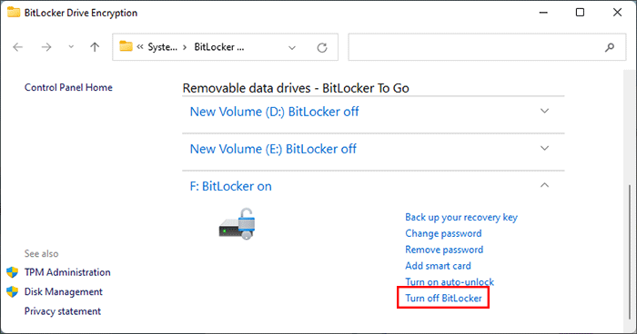 Click Turn Off BitLocker