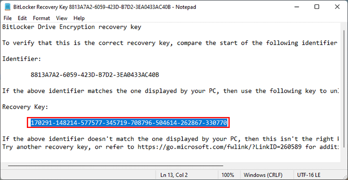 copy the recovery key in Notepad