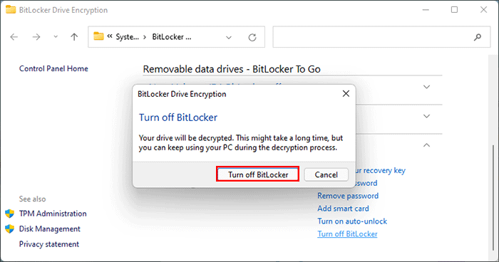 click Turn Off BitLocker
