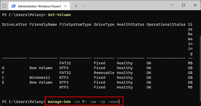 type the command to encrypt the USB and turn on BitLocker