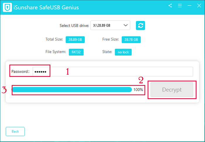 input the encryption password and click on Decrypt