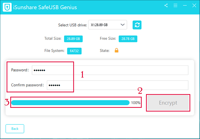 input password twice and click the Encrypt button