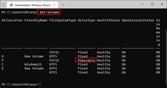 type Get-Volume in Windows PowerShell