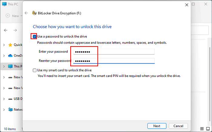 use a password to unlock the drive and click Next