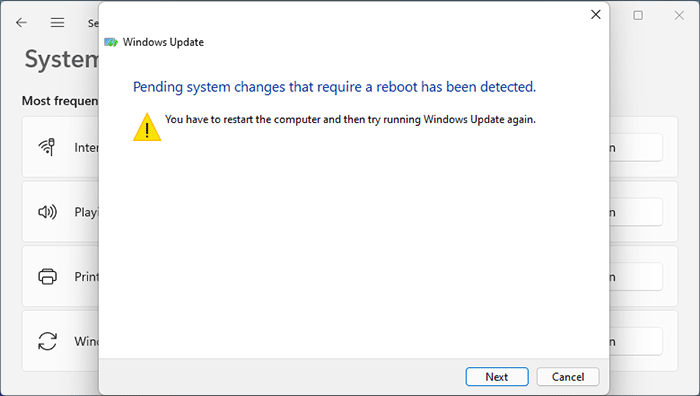 pending system changes that require a reboot has been detected