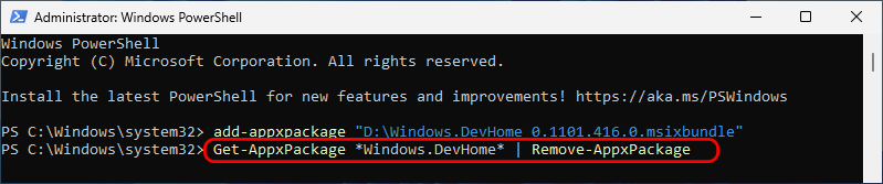 run command to uninstall Dev Home