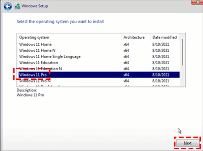 choose Windows 11 Pro to install