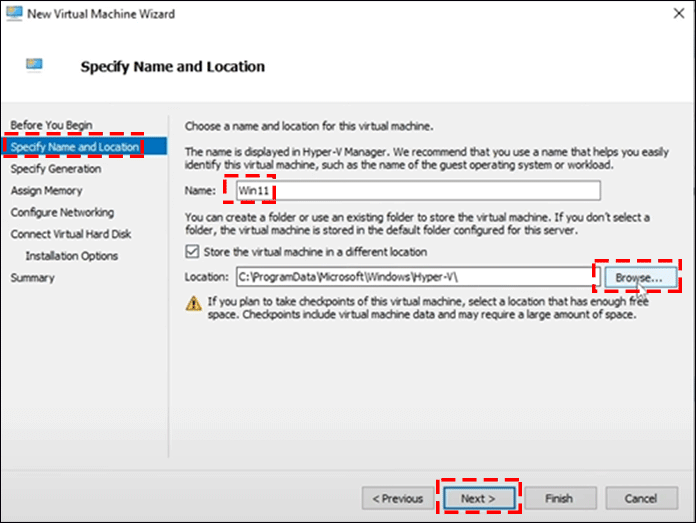 specify name and location for this virtual machine