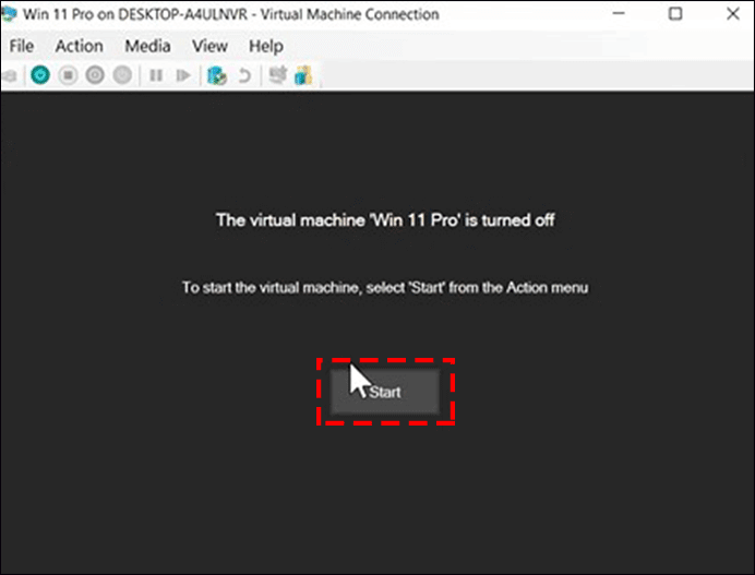 click start from the action menu to start the virtual machine