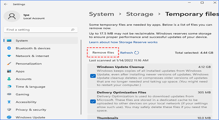 click remove files