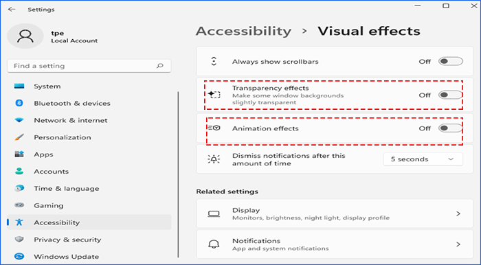 disable transparency effects and animation effects