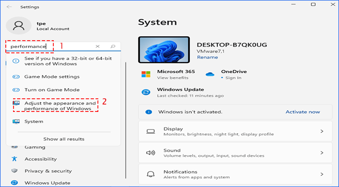 search performance from settings