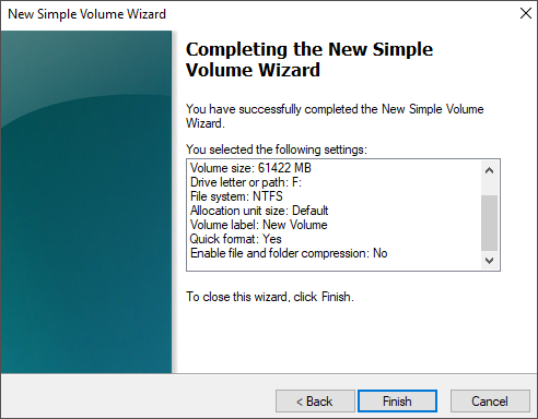 completing the new simple volume wizard