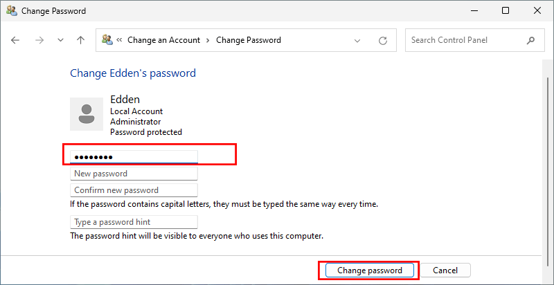 click Change password