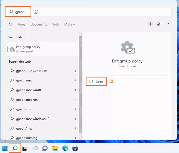 search for gpedit to open the Edit group policy