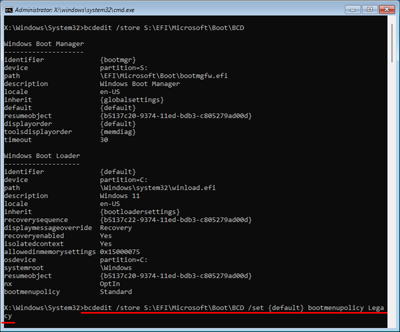 modify bootmenupolicy identifier to legacy