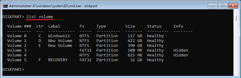 type list volume