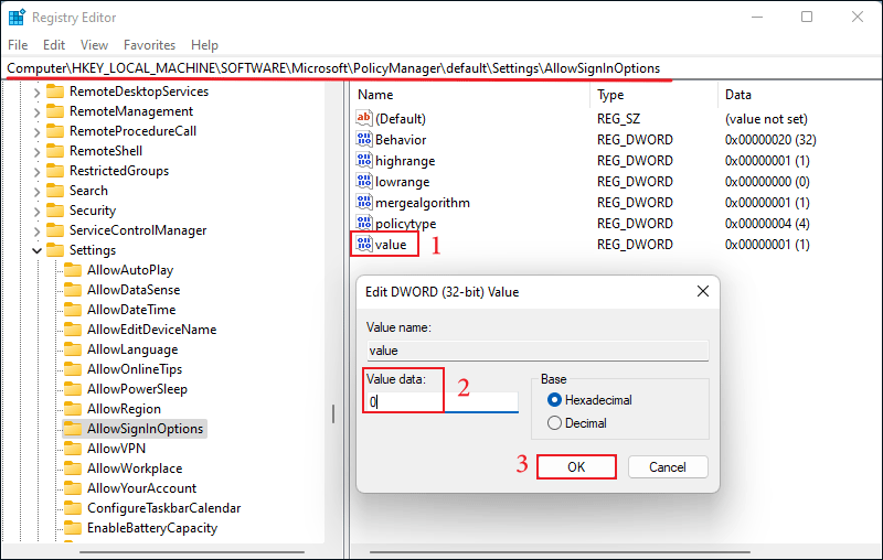 change value data to 0