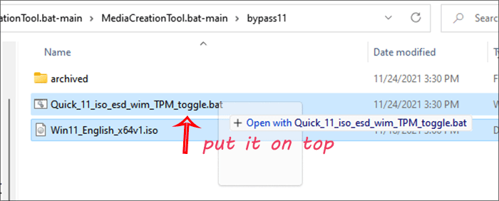 put the windows 11 image file to bypass 11 folder