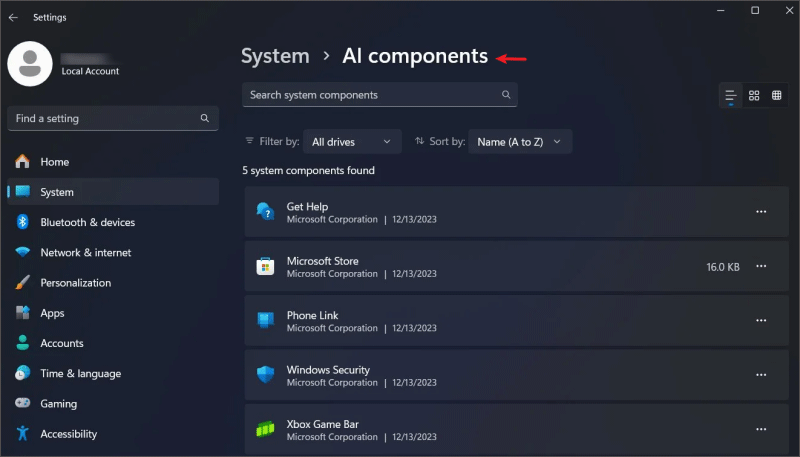 view ai components on windows 11