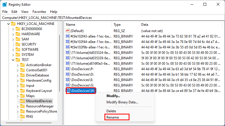 rename dosdevices W file