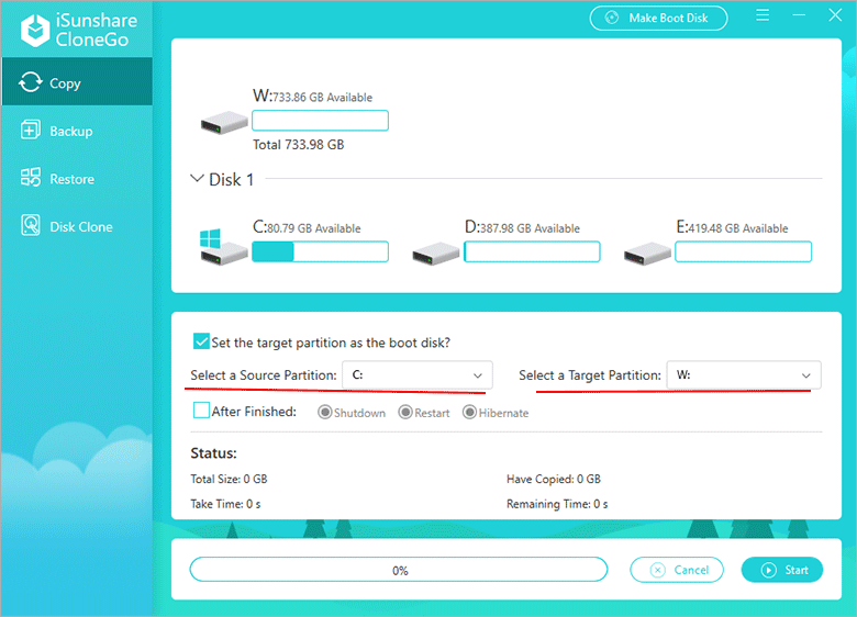 set source partition and target partiton