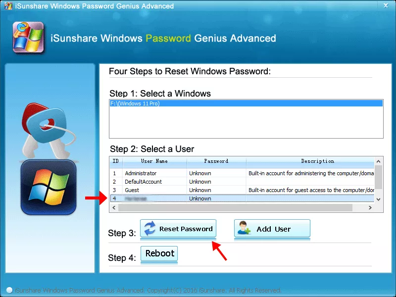 choose user account and click reset password