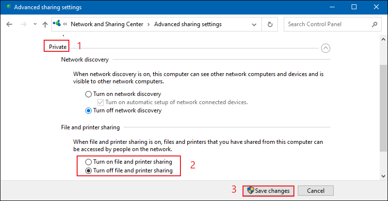 turn on or off file and printer sharing