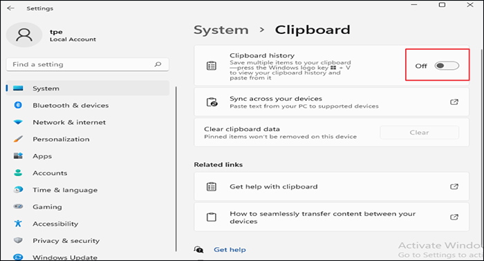 turn off the clipboard history