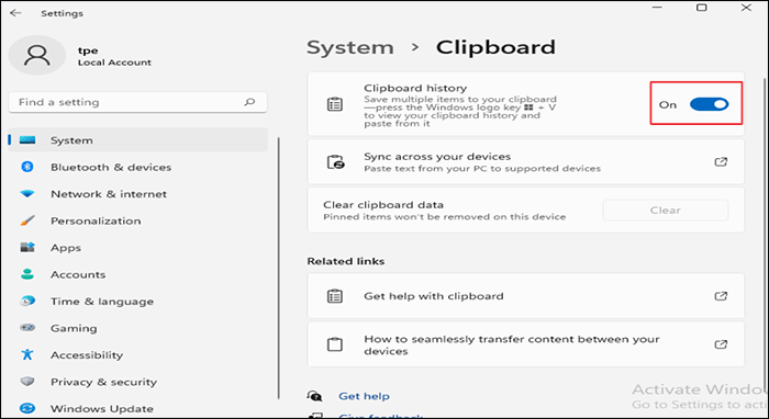 turn on the clipboard history