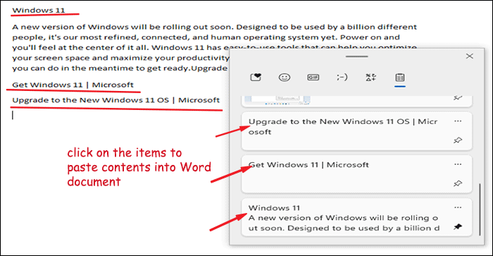 click on the items to paste contents into word document 