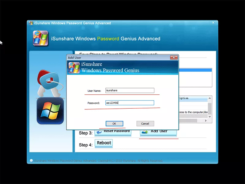 Add a new user account via Windows Password Genius